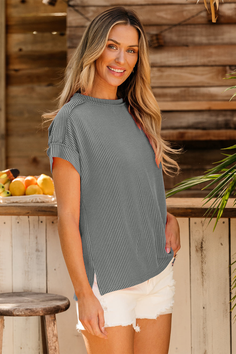 Textured Knit Exposed Stitching T-shirt eAura