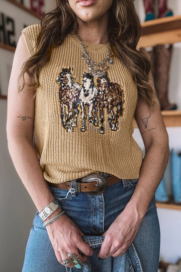 Parchment Sequin Horse Graphic Lightweight Knit Top eAura