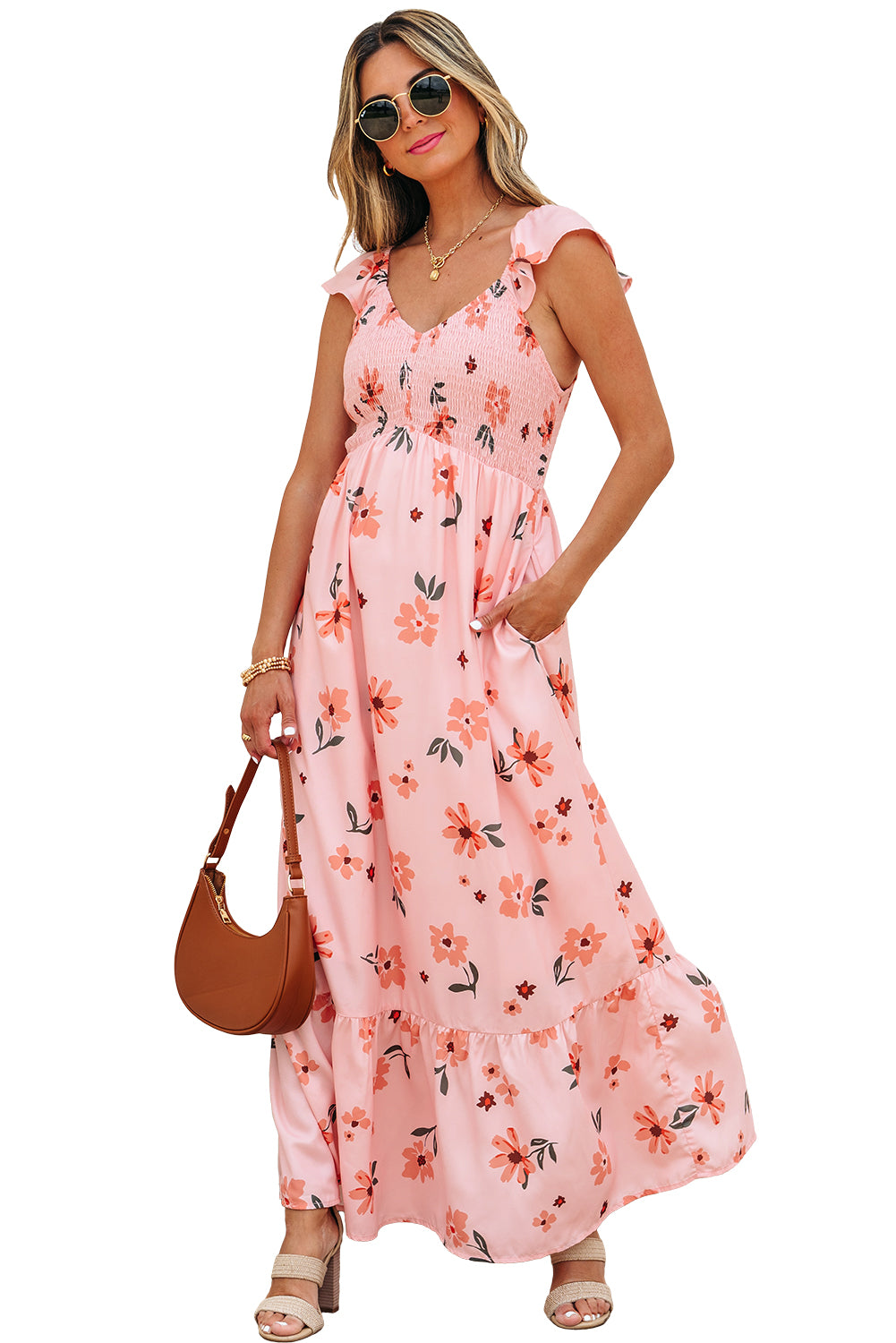 Pink Floral V Neck Smocked Ruffle Hem Maxi Dress eAura