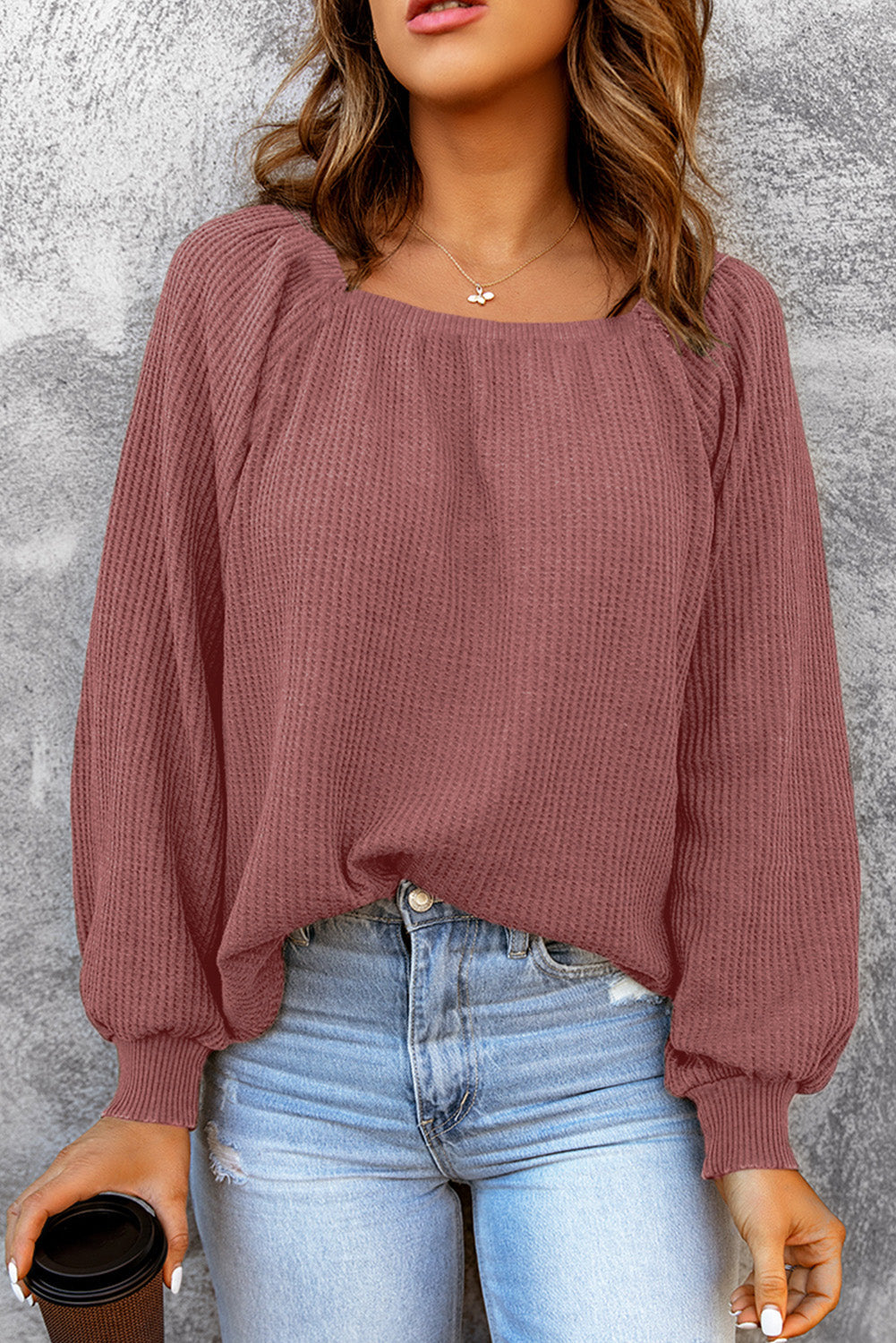 Black Scoop Neck Puff Sleeve Waffle Knit Top eAura