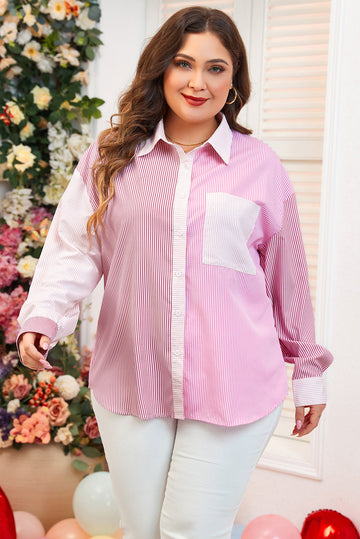 Pink Stripe Print Colourblock Plus Size Shirt BB Fashion Outlet