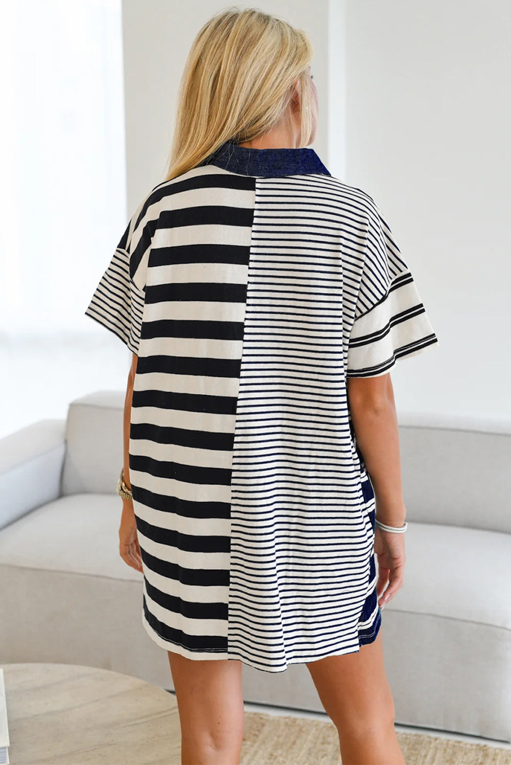 Black Stripe Half Placket Polo T Shirt Dress eAura
