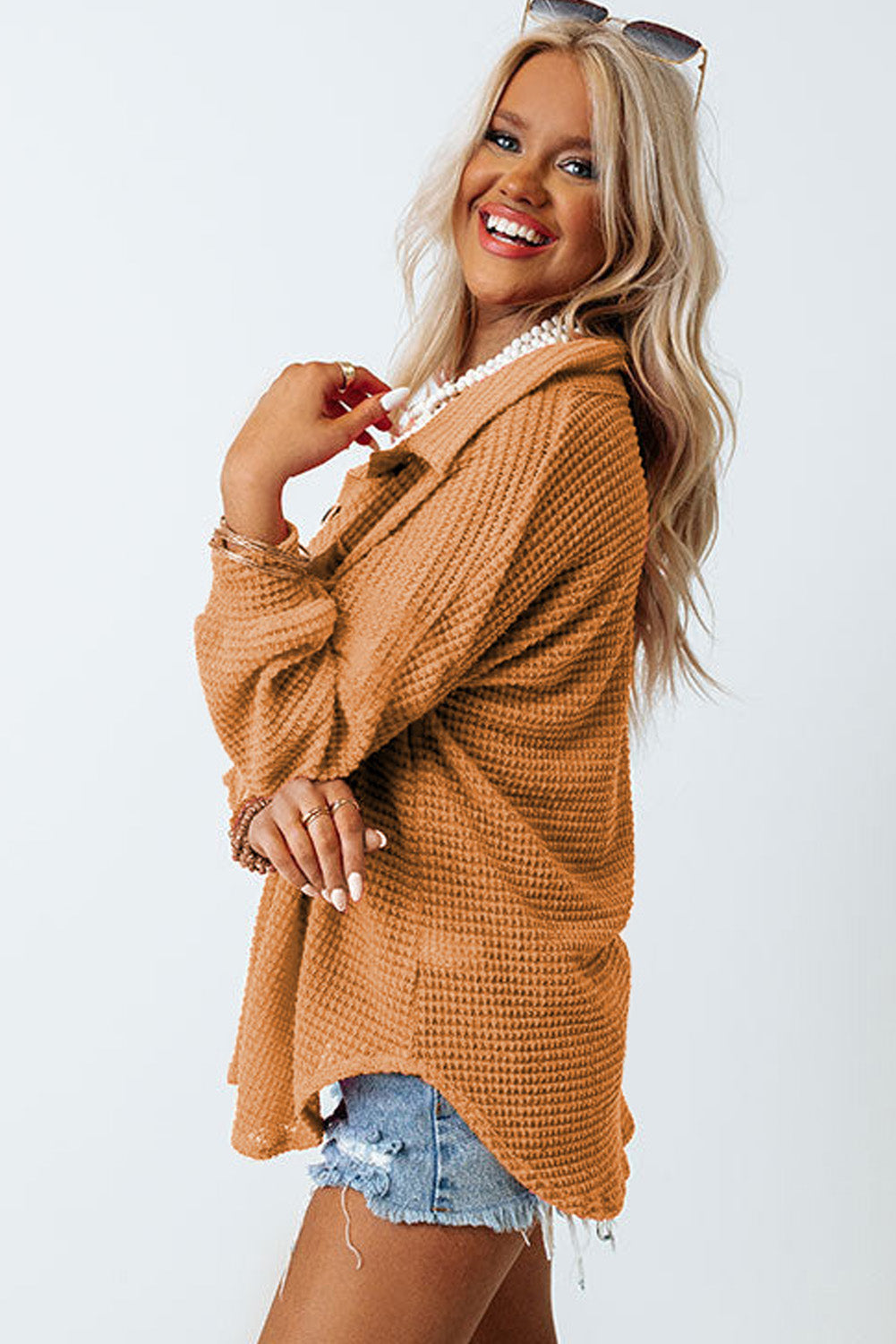 Pink Waffle Knit Button Up Casual Shirt eAura