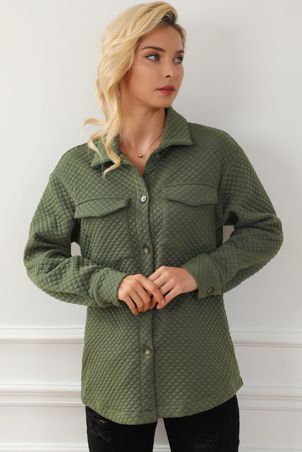 Green Retro Quilted Flap Pocket Button Shacket eAura