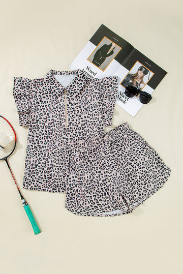 Brown Leopard Half Zipper Collared Ruffled Sleeve Top and Short Set eAura