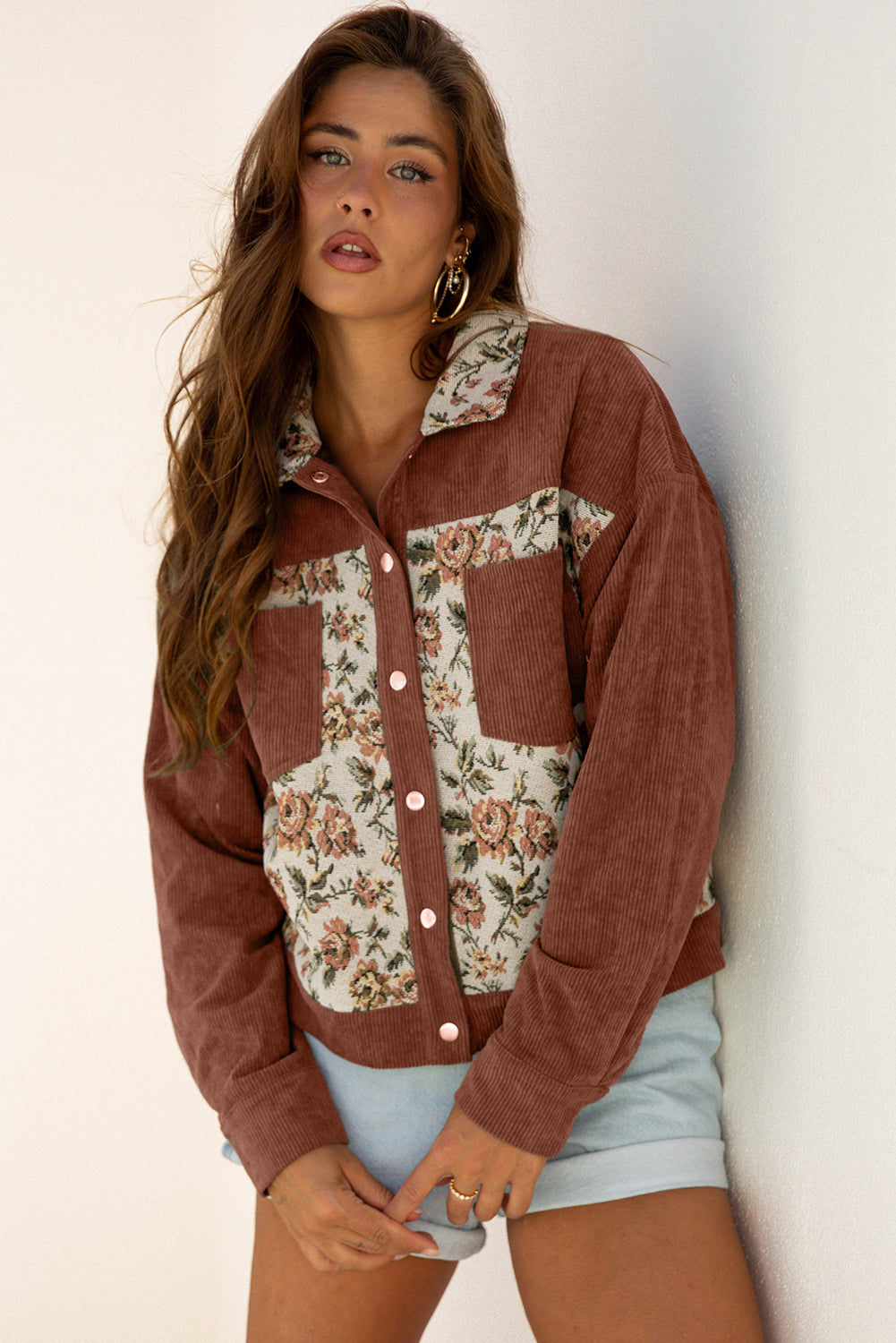 Ribbed Retro Floral Patchwork Shirt Style Jacket eAura