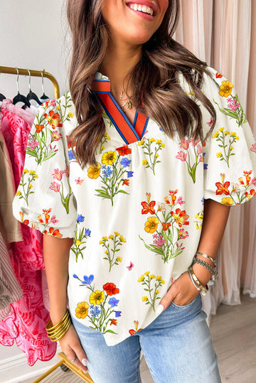 White Floral Short Puff Sleeve Contrast V Neck Print Blouse eAura