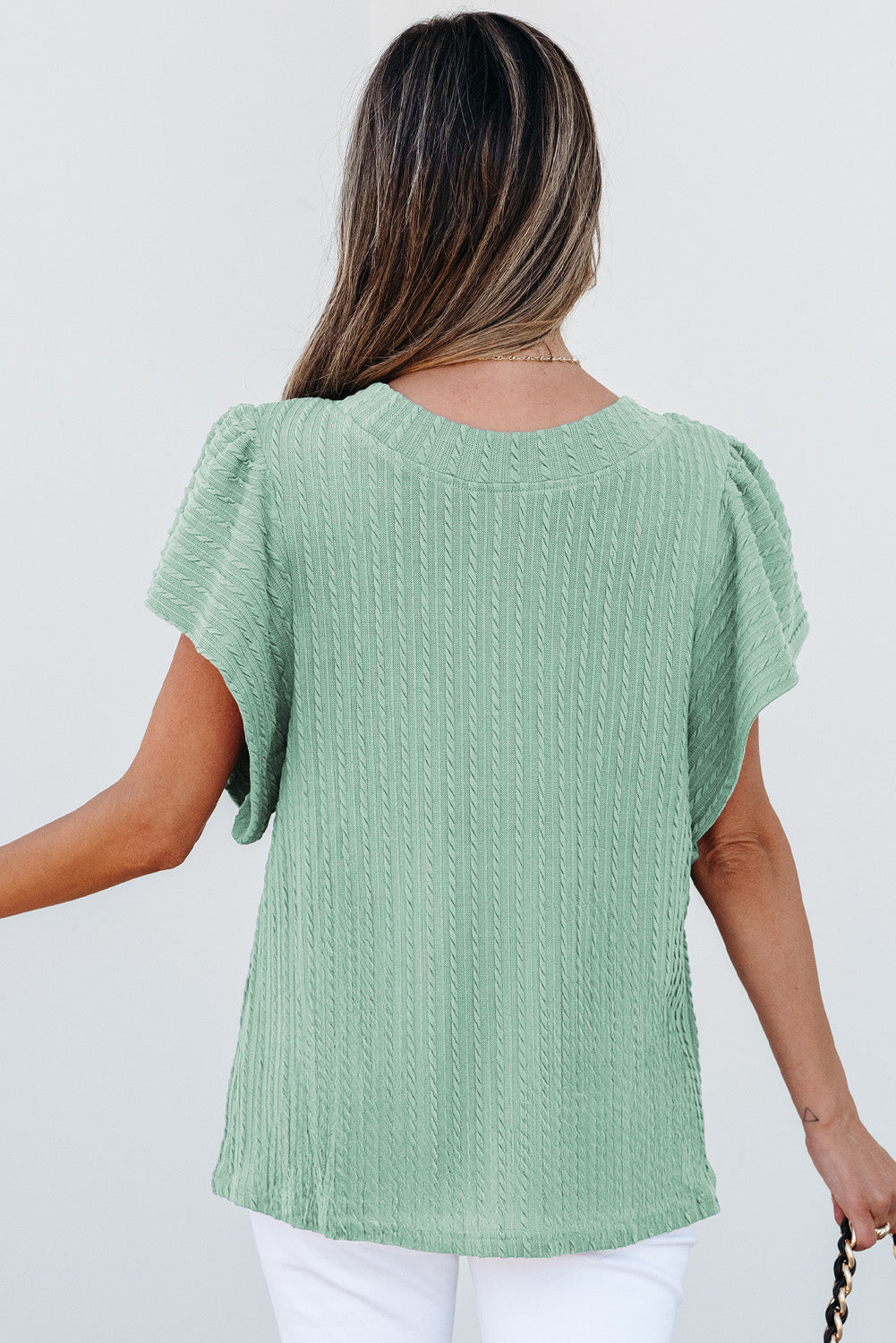Moonlight Jade Solid Colour Textured Flutter Sleeve Top eAura
