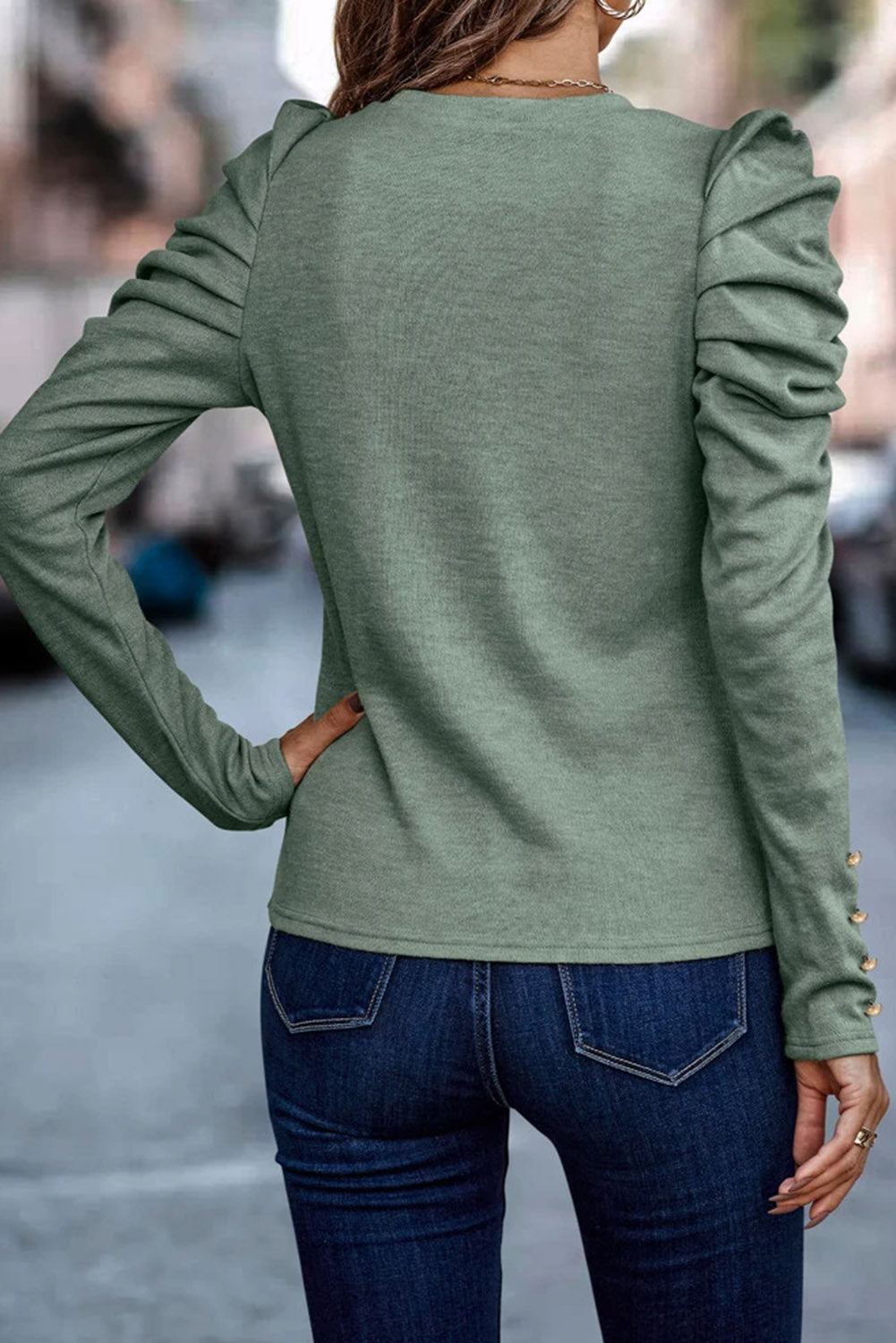 Khaki Buttoned Puff Long Sleeve Sheath Top eAura