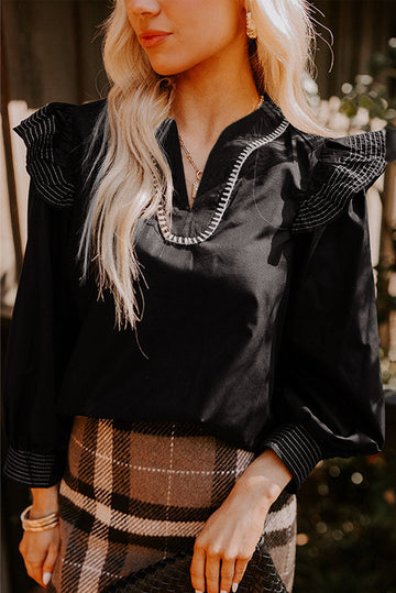 Black Contrast Stitched Detail V Neck Ruffle Long Sleeve Blouse eAura