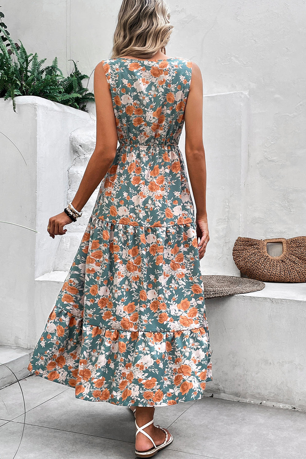 Green Floral Print Trimmed V Neck Tie Waist Sleeveless Holiday Long Dress eAura