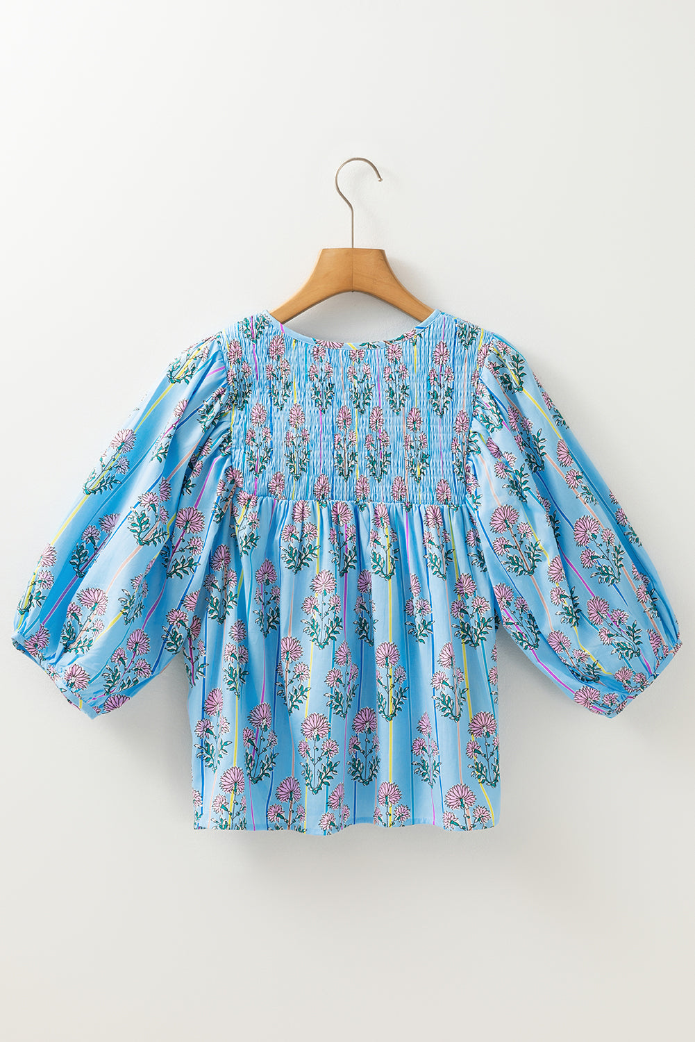 Sky Blue Floral Striped Print Tie Shirred Splie Neck Blouse eAura