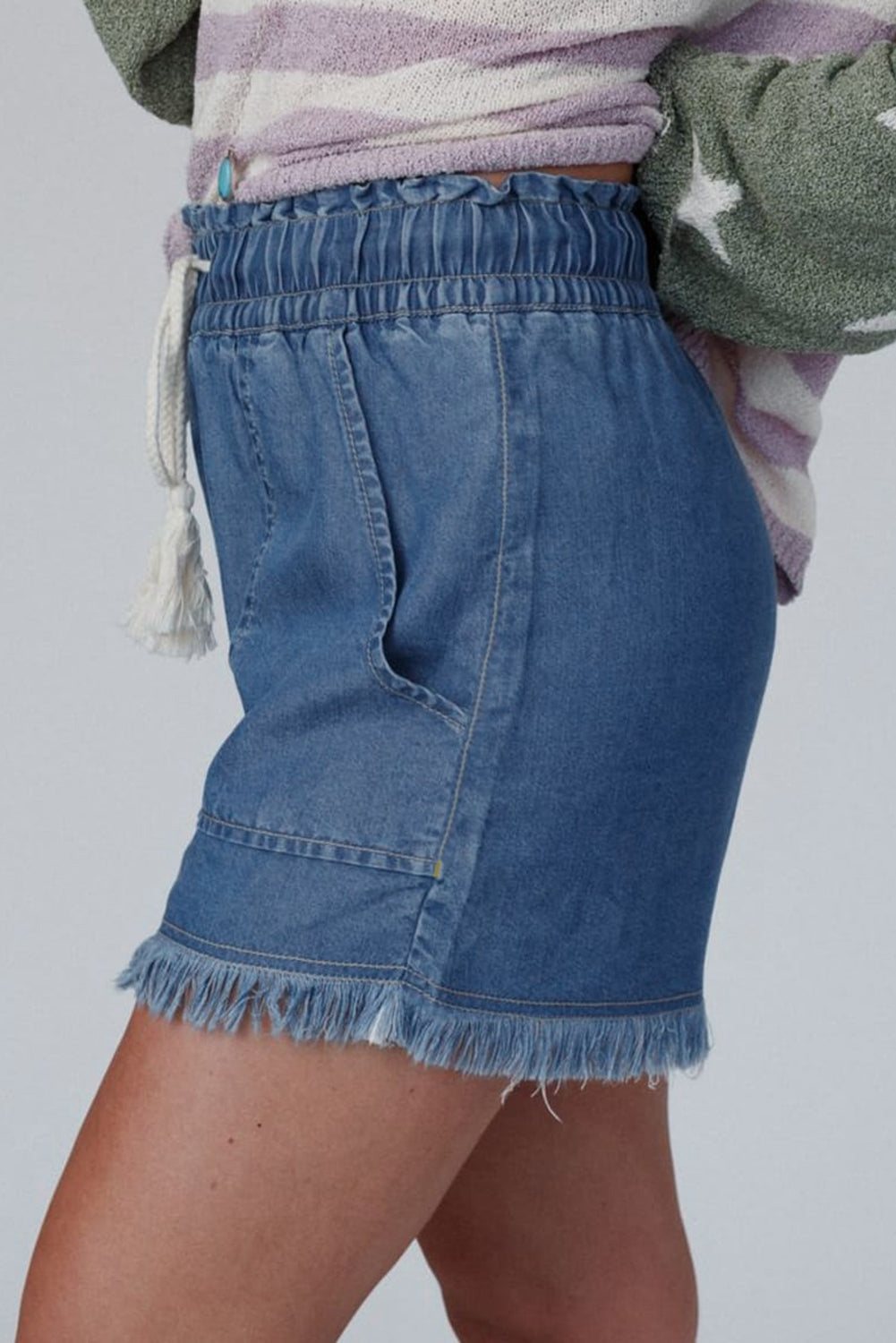 Ashleigh Blue Raw Hem Drawstring High Waist Denim Shorts with Pockets eAura