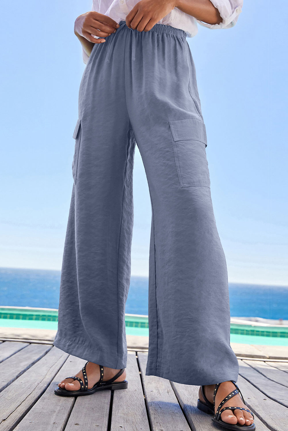 Dark Grey Drawstring Frilled Waist Wide Leg Utility Trousers eAura