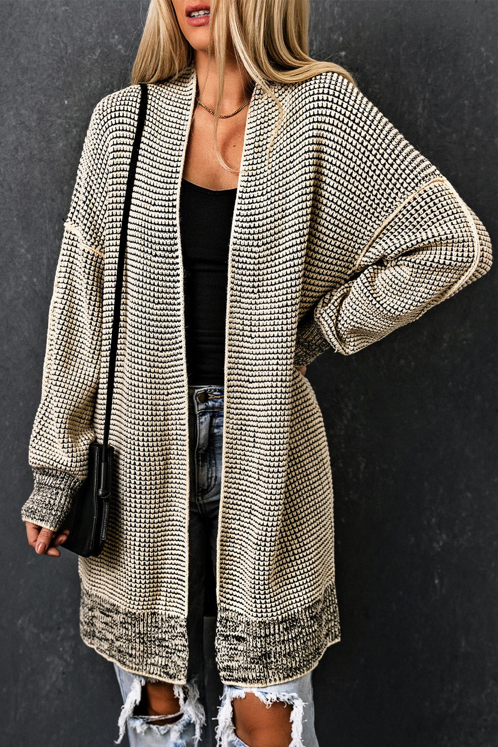 Apricot Plaid Knitted Long Open Front Cardigan eAura