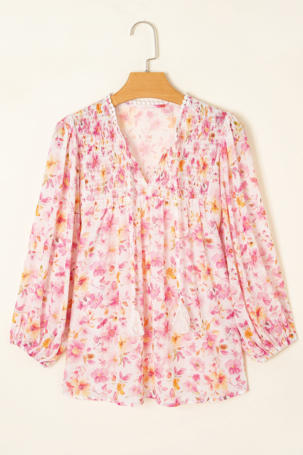 Pink Floral Print Tassel Tie Smocked V Neck Puff Sleeve Tunic Blouse eAura