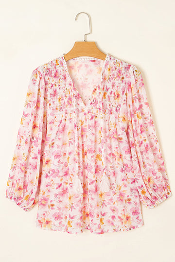 Pink Floral Print Tassel Tie Smocked V Neck Puff Sleeve Tunic Blouse eAura