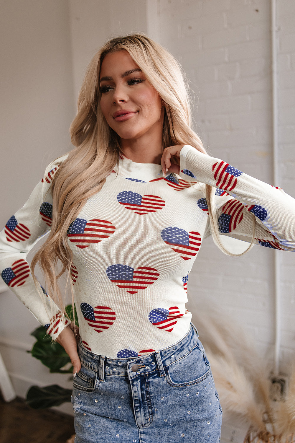 White Americana Glitter Mesh Long Sleeve Bodysuit eAura
