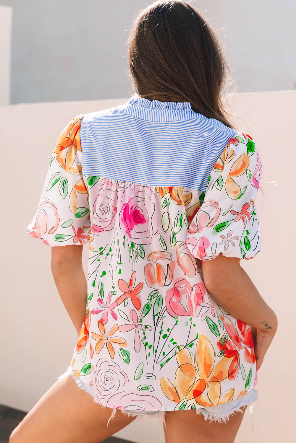 Multicolour Floral Print Striped Yoke Frilled V Neck Puff Short Sleeve Blouse eAura