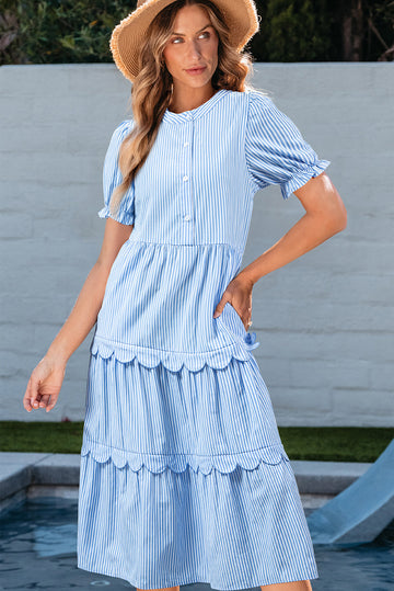 Sky Blue Stripe Bubble Short Sleeve Tiered Scallop Long Dress eAura