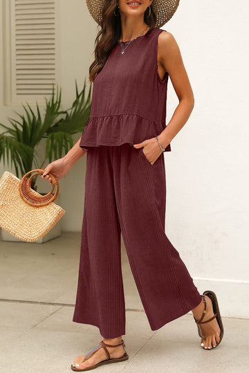 Red Dahlia Solid Colour Ribbed Ruffle Tank Top and Trousers Set eAura