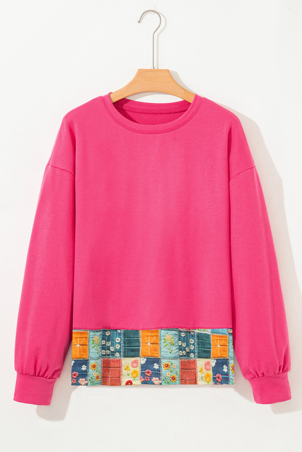 Strawberry Pink Floral Hemline Patchwork Round Neck Casual Top eAura