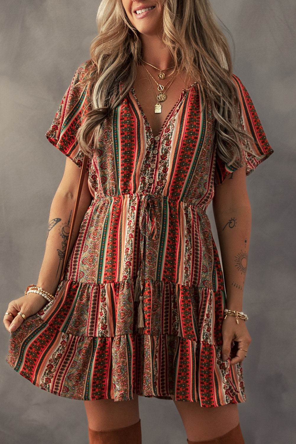 Red Bohemian Floral Print Buttoned V Neck Ruffle Tiered Dress eAura