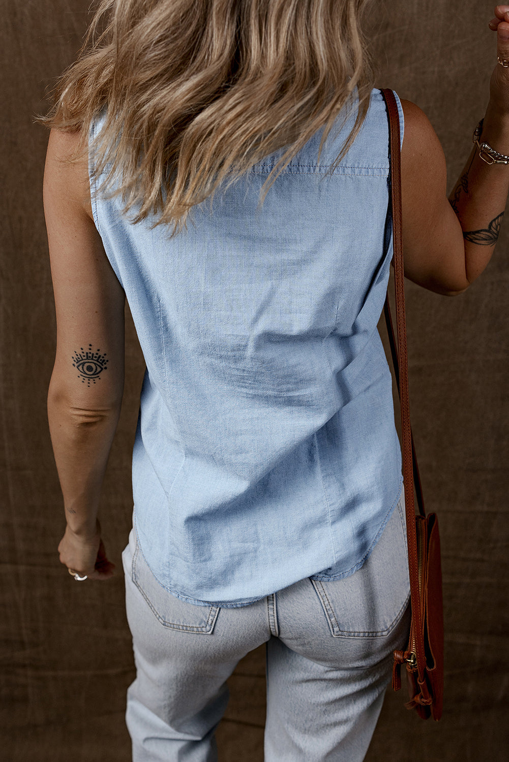 Light Blue Denim Collared Sleeveless Shirt eAura