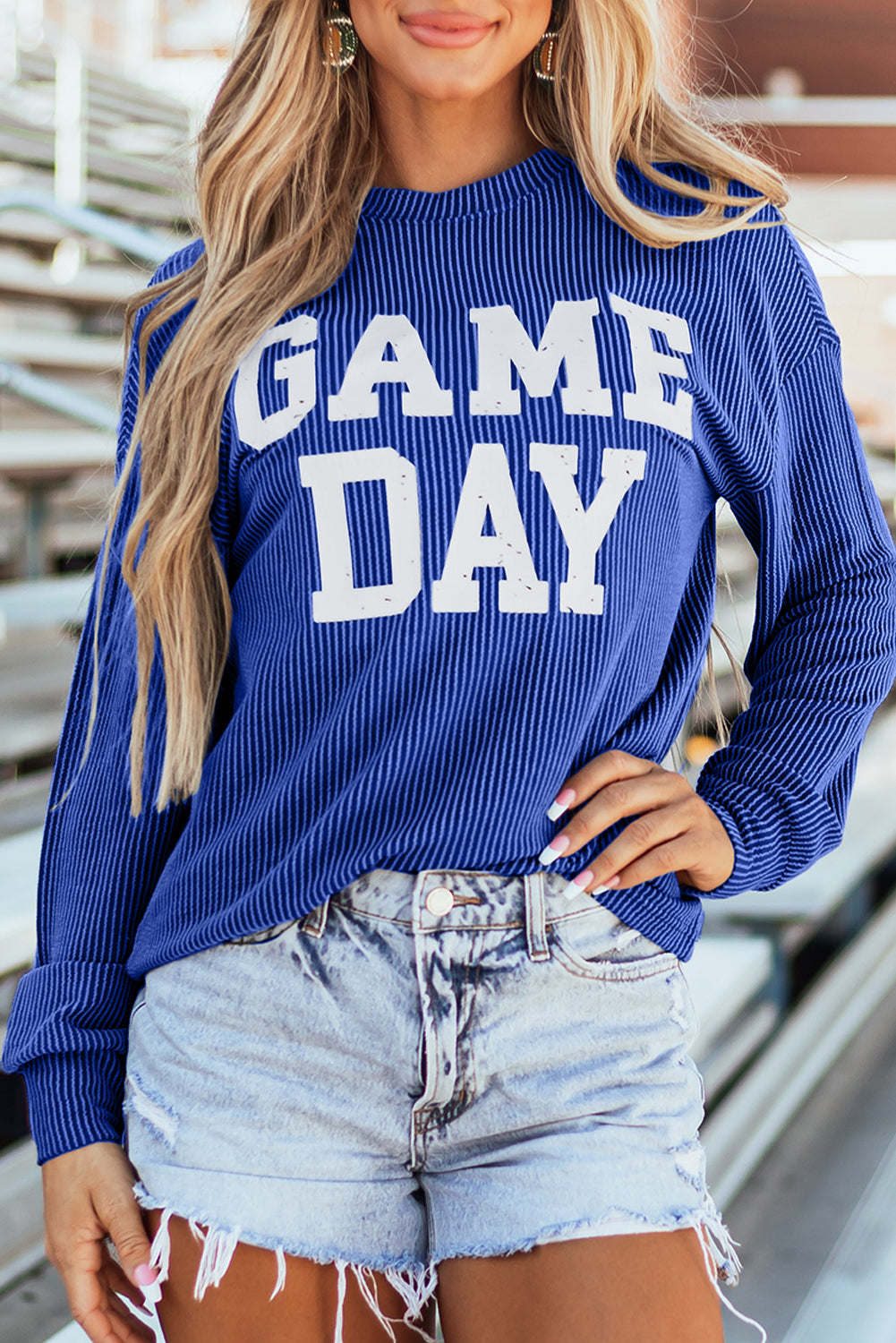 Bluing Ribbed GAME DAY Graphic Long Sleeve Crewneck Top eAura