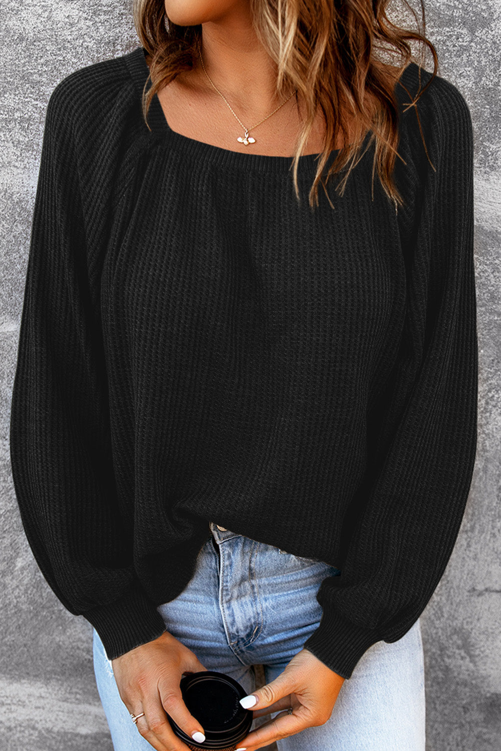Black Scoop Neck Puff Sleeve Waffle Knit Top eAura
