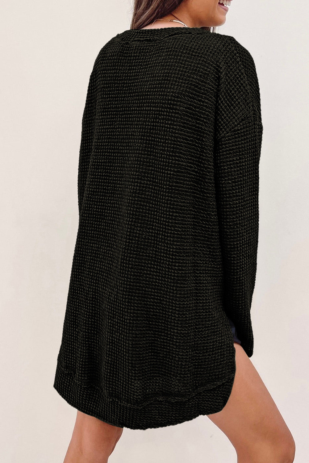 Black Waffle Knit High Slits Oversized Top eAura