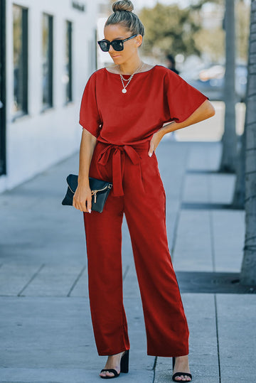 Fiery Red Belted Wide Leg Jumpsuit eAura