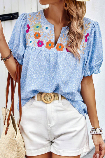Sky Blue Floral Embroidered Puff Sleeve Notched V Neck Blouse eAura