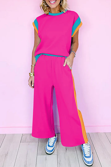 Strawberry Pink Colour Block Detail Casual Two-piece Set eAura