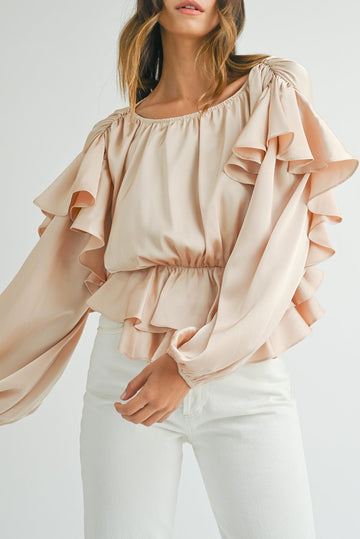 Oatmeal Lace-up Keyhole Back Ruffled Peplum Blouse BB Fashion Outlet