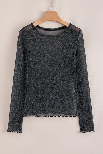 Black Metallic Glitter Mesh Long Sleeve Top - eAura