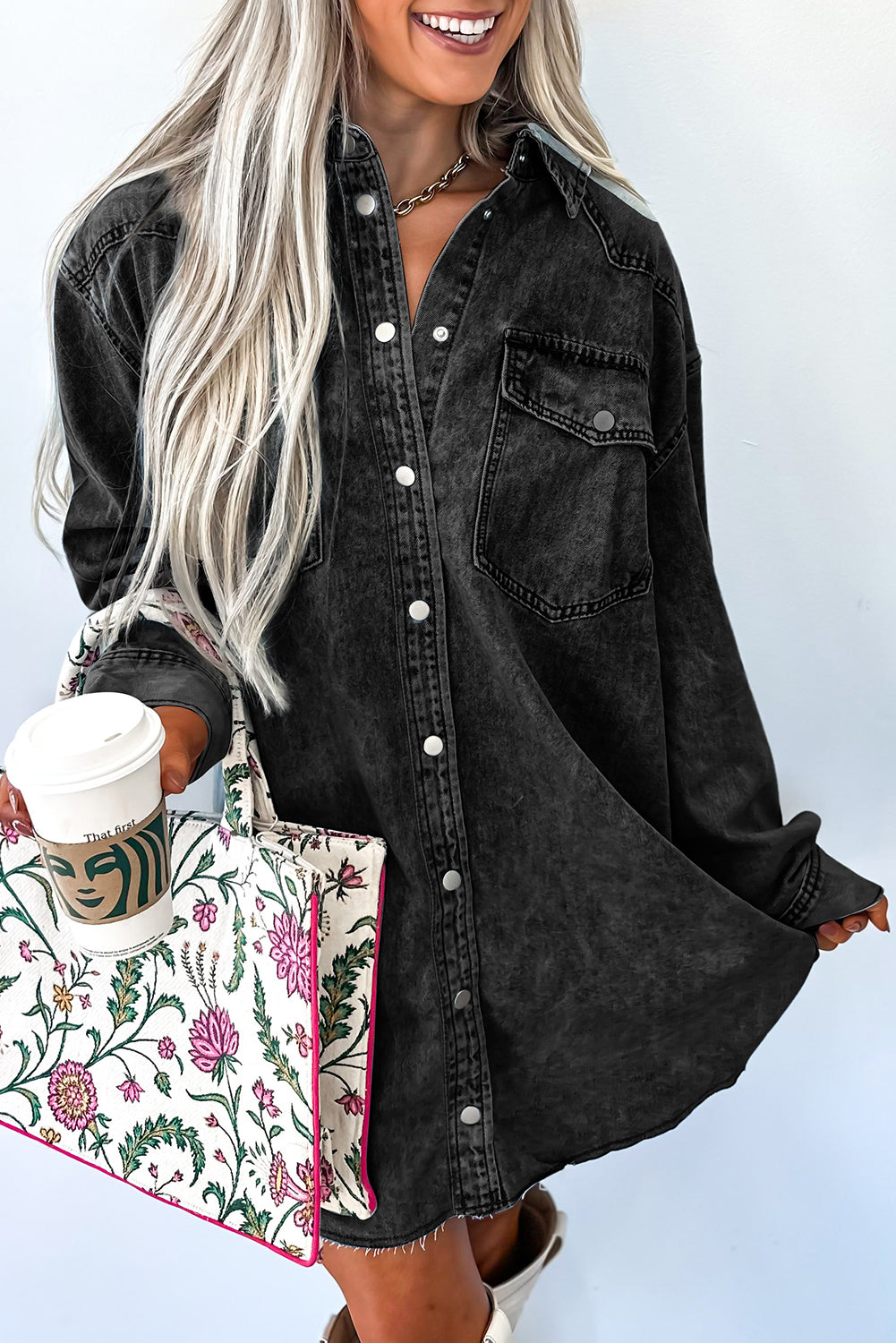 Chest Pocket Raw Hem Denim Baggy Shirt Dress - eAura