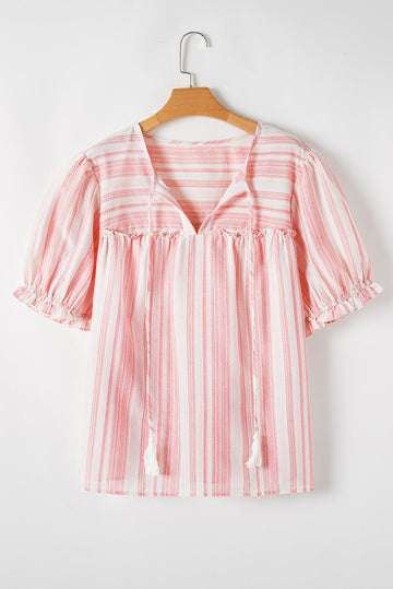 Pink Stripe Plus Size Tassel Tie Frilled Detail Short Sleeve Blouse BB Fashion Outlet