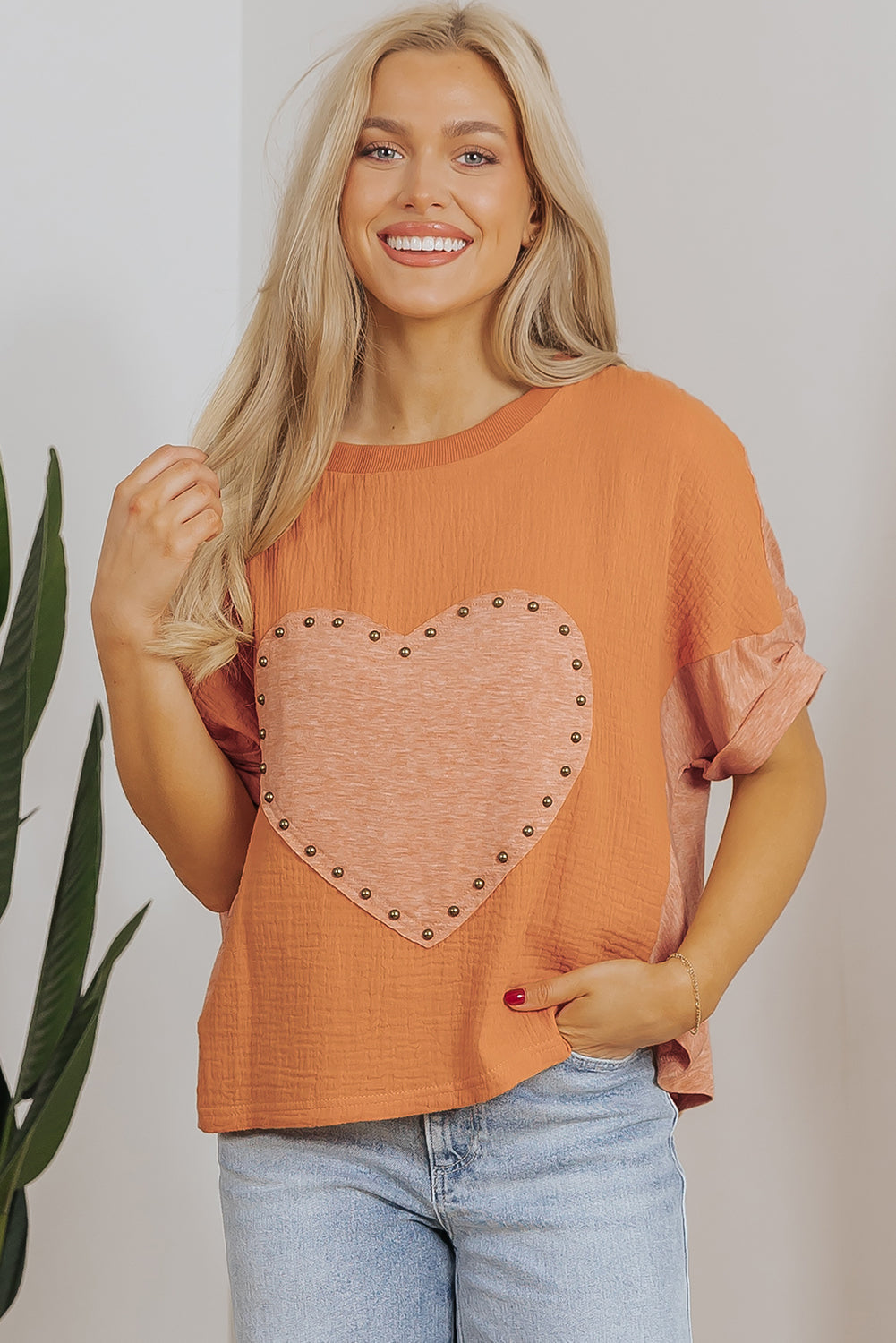 Desert Gold Stud Heart Patch Textured Front Dolman Top eAura