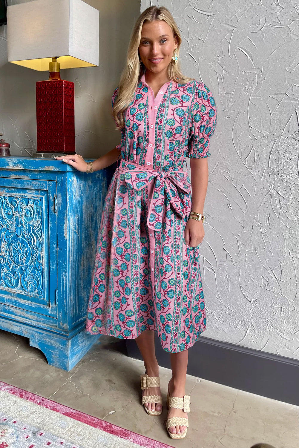 Pink Floral Shirred Puff Sleeve Buttoned Front Midi Dress with Sash eAura