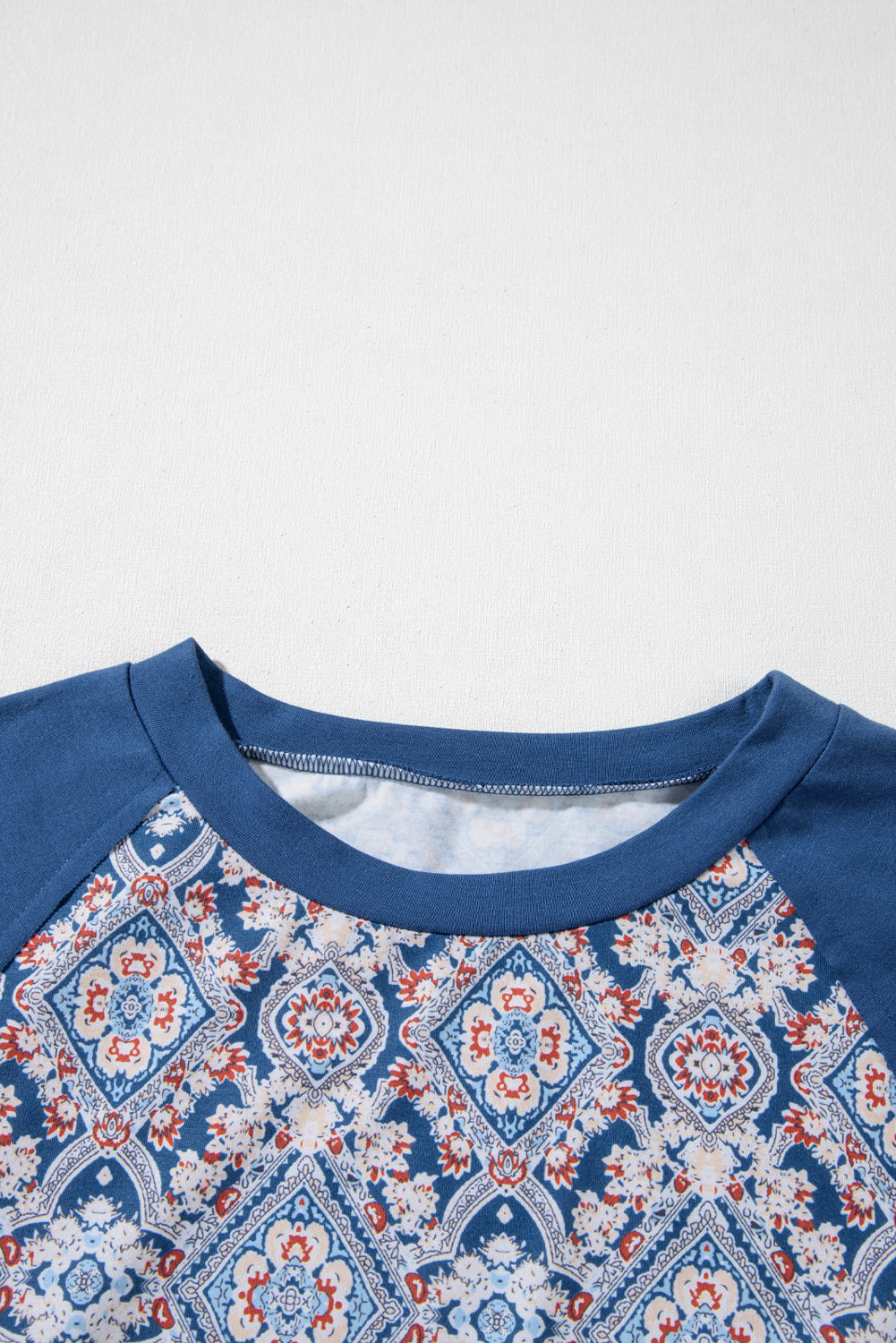 Blue Geometric Printed Lace Patchwork Ric Rac Raglan Long Sleeve Top eAura