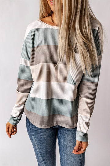 Green Colour Block Ribbed Long Sleeve Top with Pocket eAura