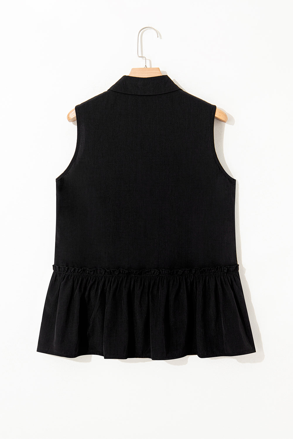 Black Sleeveless Buttoned Front Ruffle Hem Tunic Shirt eAura