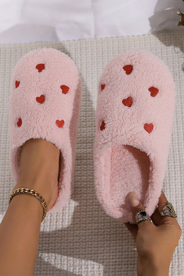Pink Heart Shape Embroidered Slip On Plush Slippers BB Fashion Outlet