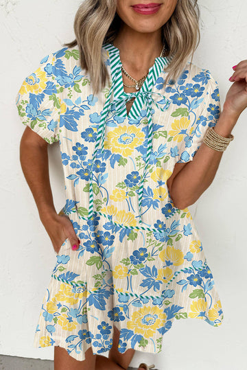 Blue Floral Striped Trim Puff Short Sleeve Dress eAura