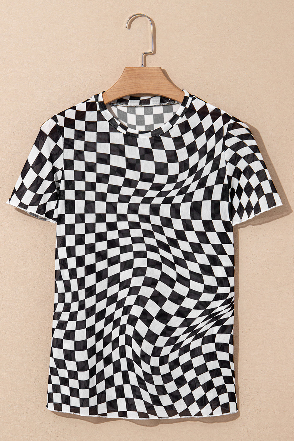 Black Checker Mesh Crew Neck T Shirt eAura