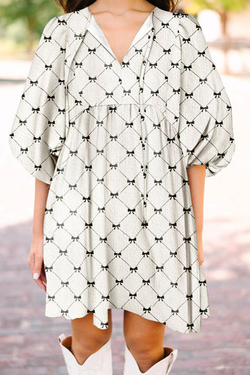 White Bowtie Pattern Textured Puff Half Sleeve Loose Mini Dress eAura