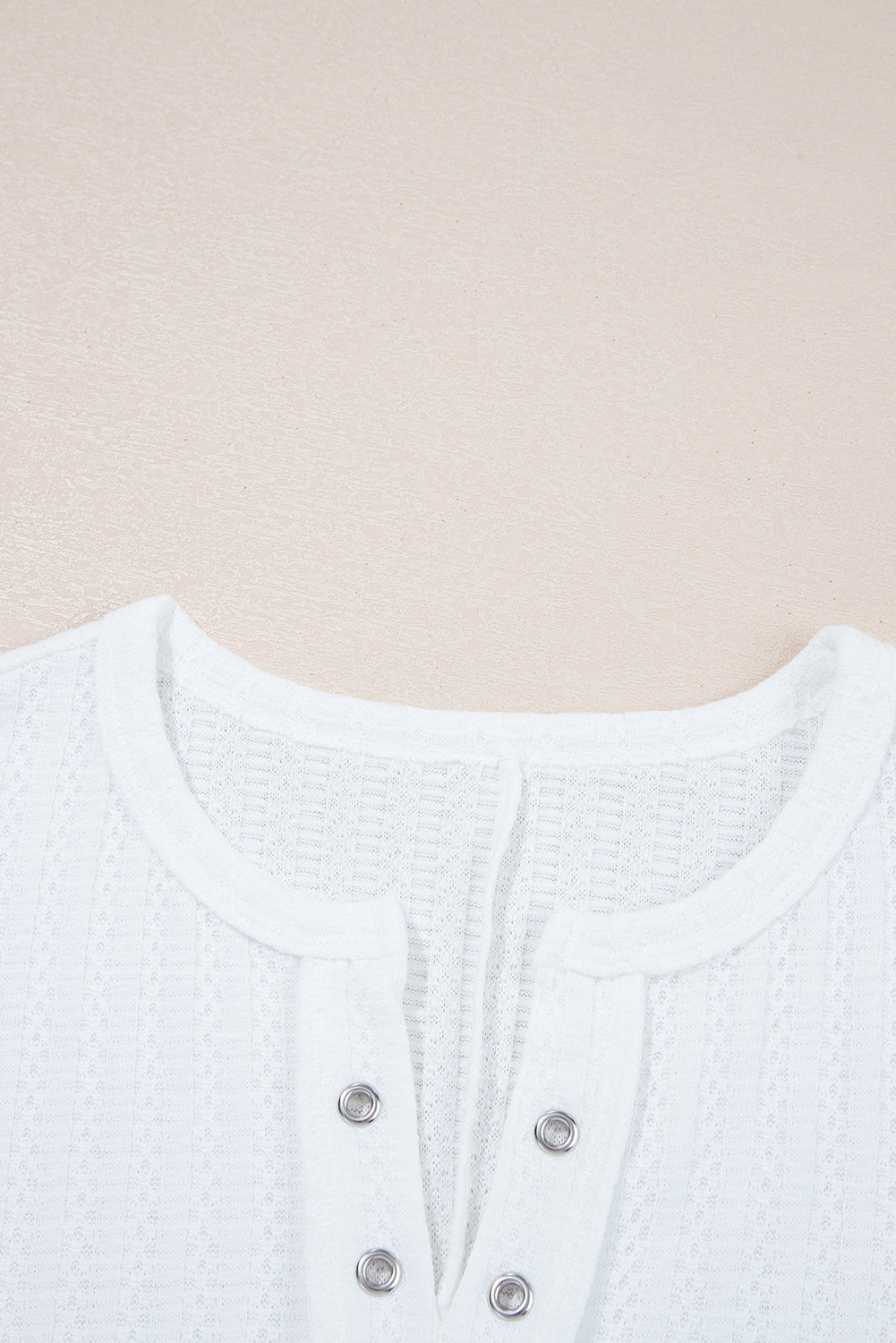 White Textured Hollow Grommet Placket Split Neck Short Sleeve Top eAura
