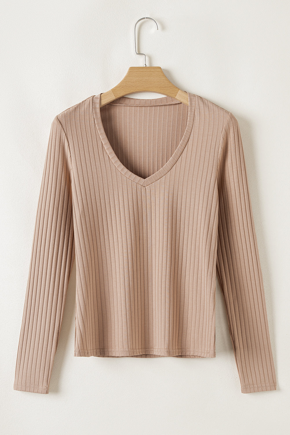 Straw Yellow Ribbed Knit V Neck Long Sleeve Slim Fit Top eAura
