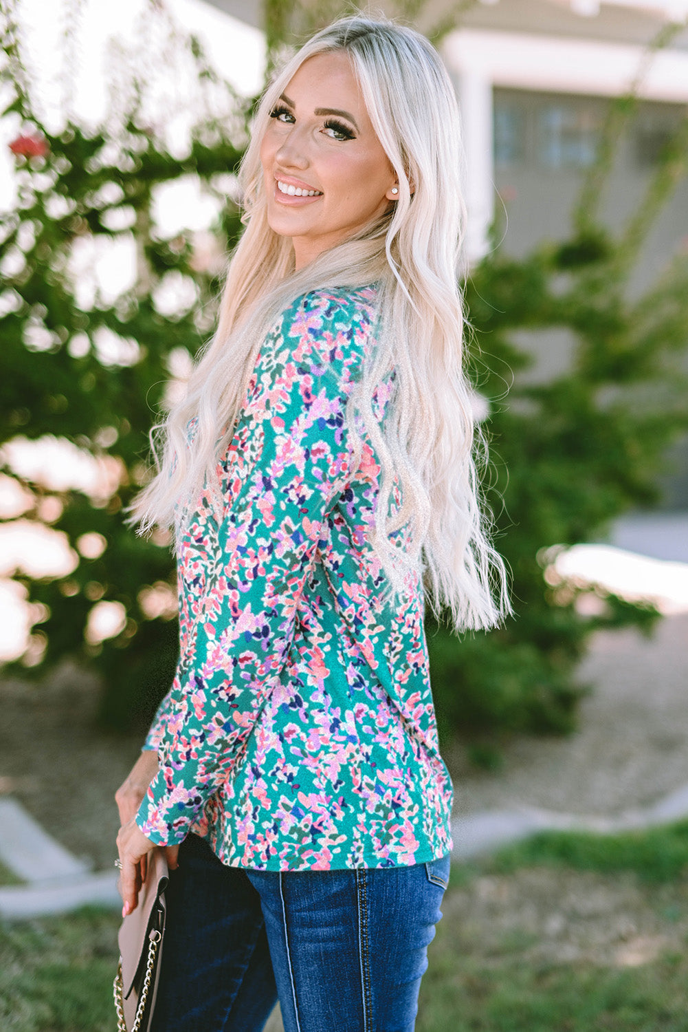 Green Floral Pleated Round Neck Long Sleeve Blouse eAura